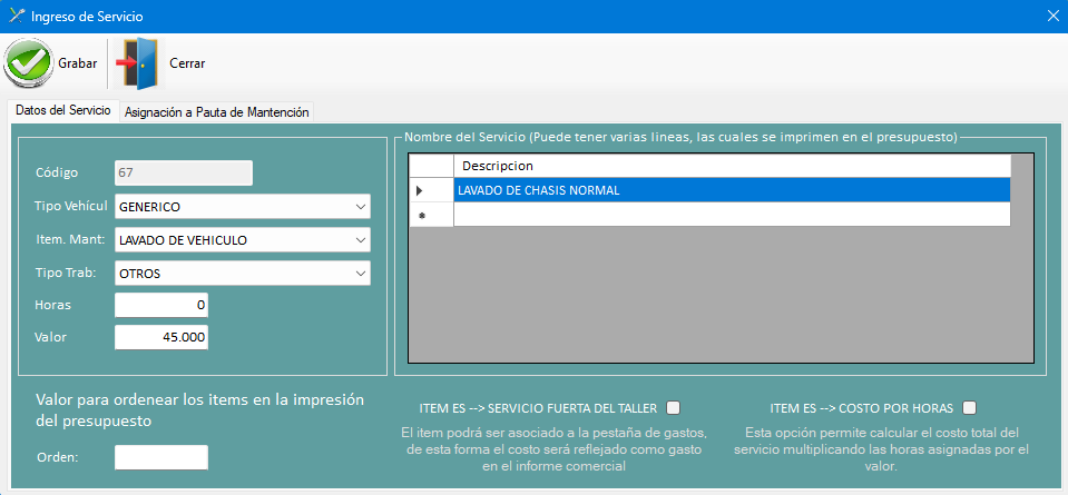 Ingreso de servicio