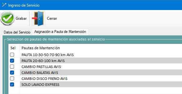 Asignación de un servicio a pautas de mantención