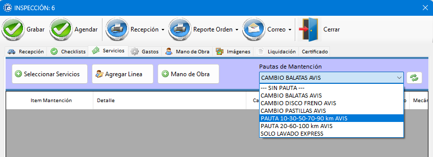 Selección de pauta de mantención en la pestaña Servicios de la orden