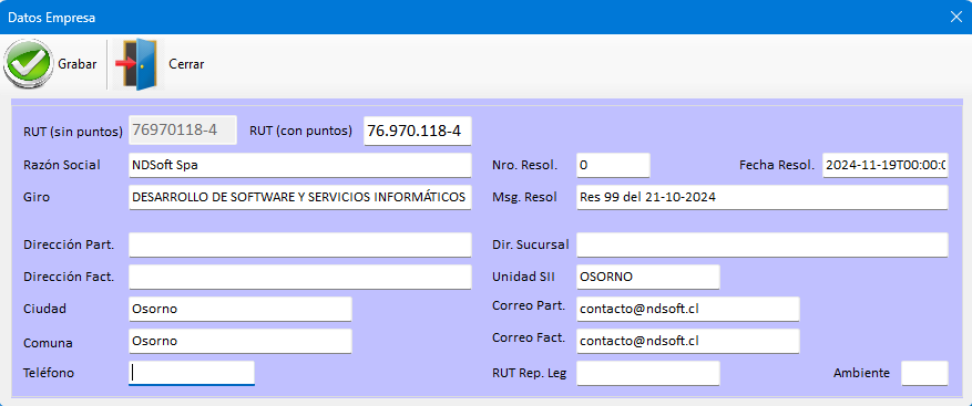 Pantalla de datos empresa