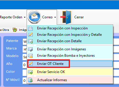 Opciones para enviar orden o presupuesto desde el botón Correo